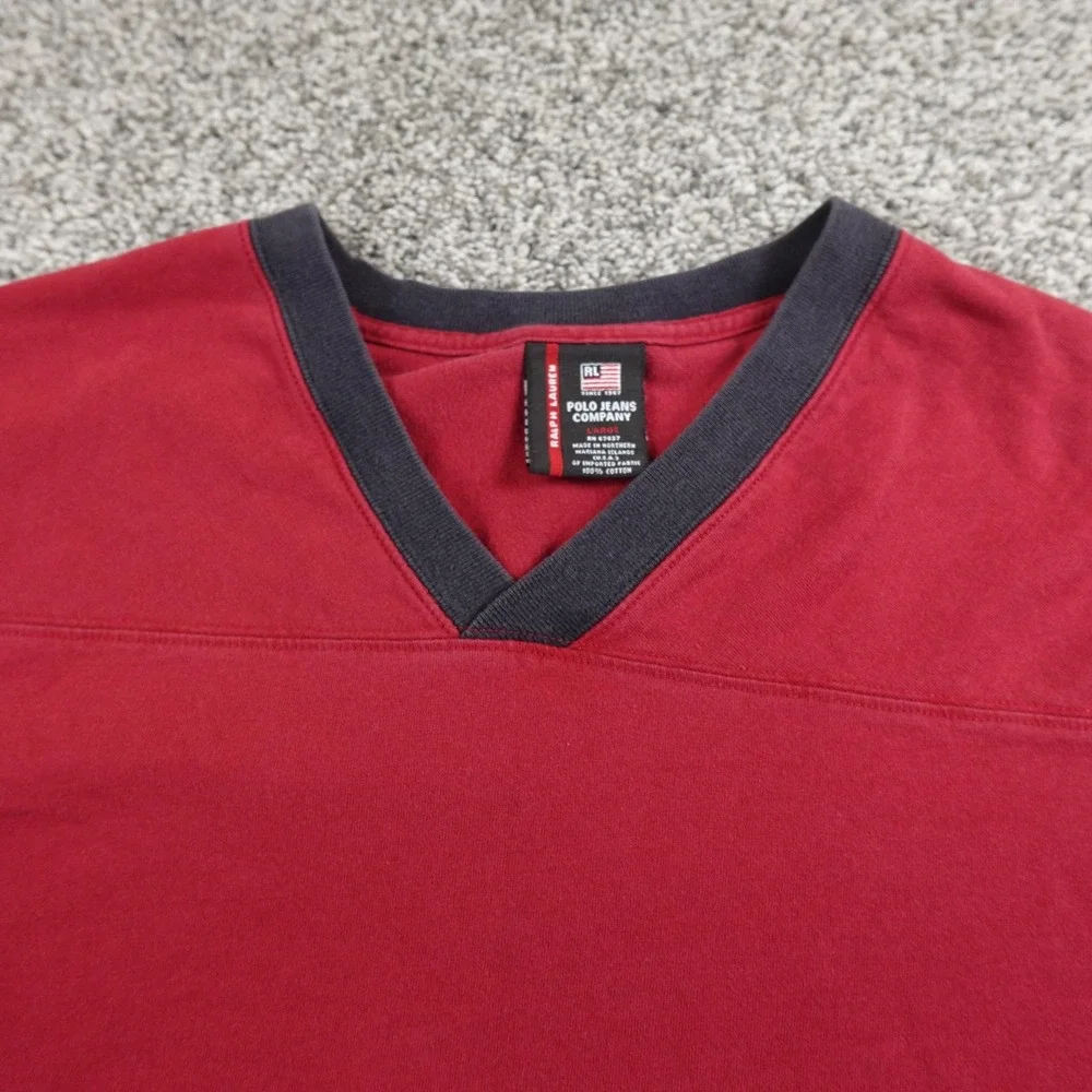 VTG Ralph Lauren Shirt Mens L Red Polo Jeans V Neck Long Sleeve Graphic logo USA